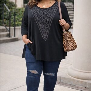Miss Tina Black Long Sleeve Top with Studded Design